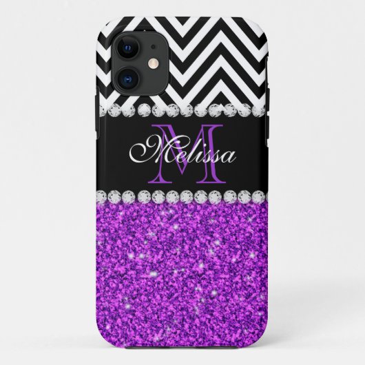 PAARSE GLITTER BLACK CHEVRON MONOGRAMMEMED Case-Mate iPhone CASE (Achterkant)