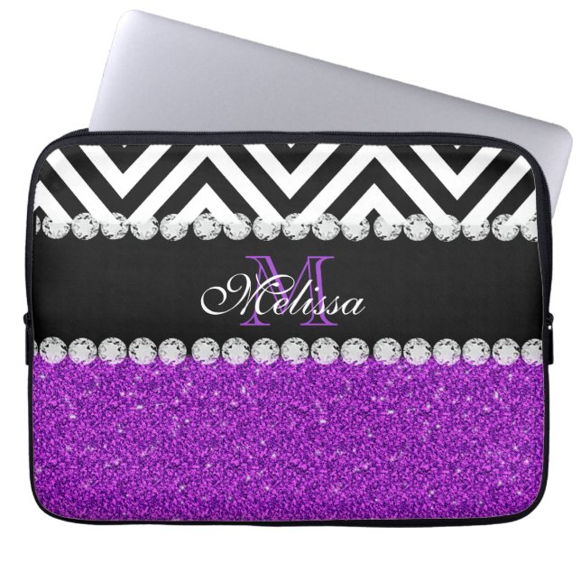 PAARSE GLITTER BLACK CHEVRON MONOGRAMMEMED LAPTOP SLEEVE (Voorkant)