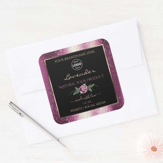 Paarse Glitter Black Floral Product Labels Logo (Envelop)