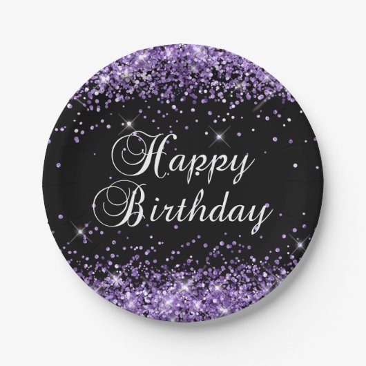 Paarse Glitter Black Happy Birthday Papieren Bordje (Voorkant)