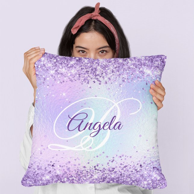 Paarse Glitter Bleke Iriserende Fancy Monogram Kussen (Purple Glitter Pale Iridescent Fancy Monogram Throw Pillow)