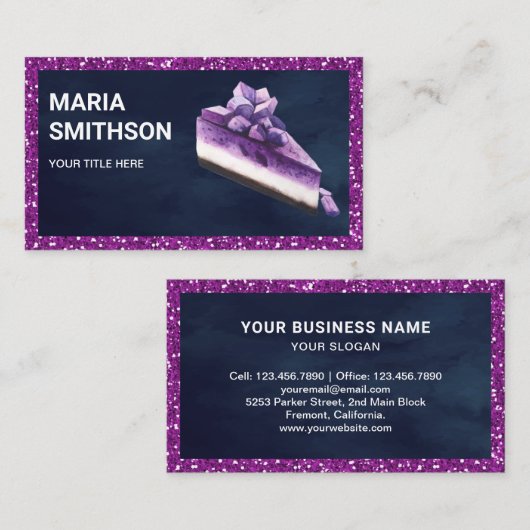 Paarse glitter Blueberry Cheesecake Slice Bakery Visitekaartje (Voorkant / Achterkant)