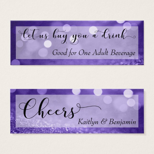 Paarse Glitter Bokeh Script Mini Drink Ticket Visitekaartjes (Voorkant /achterkant)