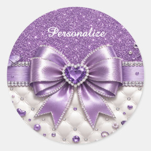 Paarse Glitter Boog Hart Persoonlijke Glam Design Ronde Sticker