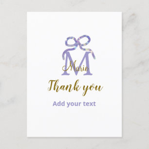 Paarse glitter boog Voeg naam letter monogram dank Briefkaart