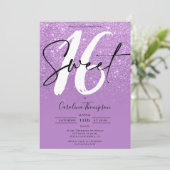 Paarse glitter border script foto Sweet 16 Kaart (Staand voorkant)