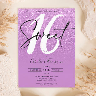 Paarse glitter border script foto Sweet 16 Kaart