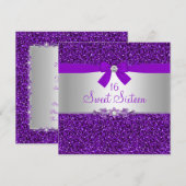 Paarse Glitter & Bow Sweet Sixteen nodigt uit Kaart (Voorkant / Achterkant)