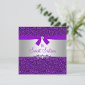 Paarse Glitter & Bow Sweet Sixteen nodigt uit Kaart (Staand voorkant)