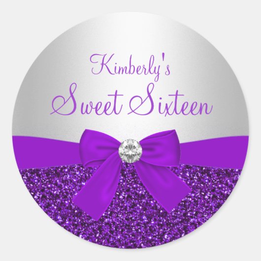 Paarse Glitter & Bow Sweet Sixteen Sticker (Voorkant)