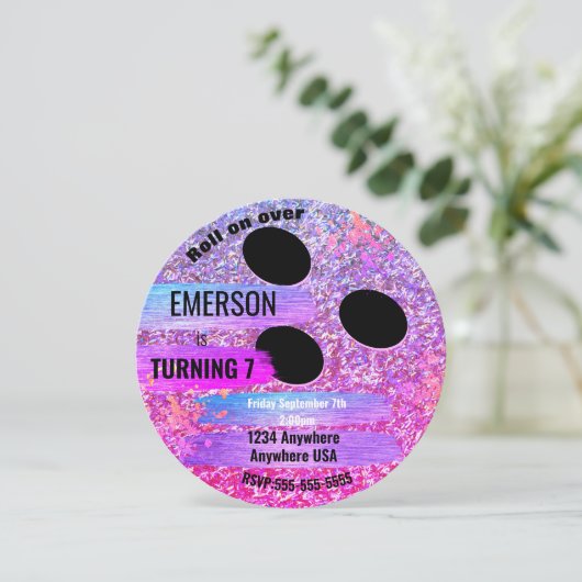 Paarse Glitter BOWLING BALL bowling, verjaardagsfe Kaart (Staand voorkant)