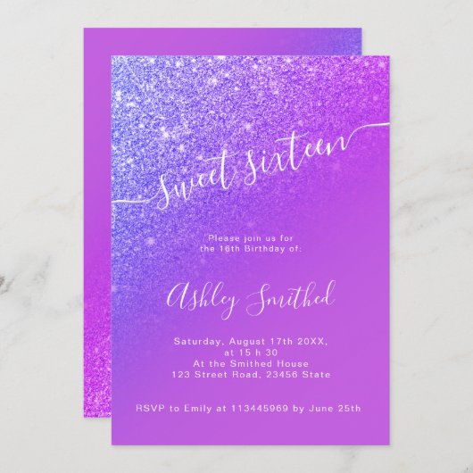 Paarse glitter Bright Ombre Chic script Sweet 16 2 Kaart (Voorkant / Achterkant)