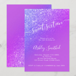 Paarse glitter Bright Ombre Chic script Sweet 16 2 Kaart