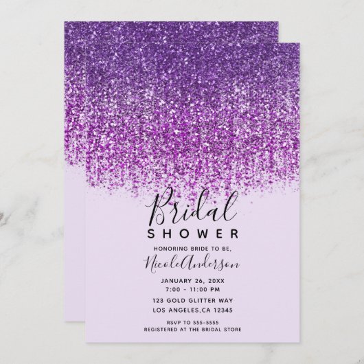 Paarse Glitter Bruiloftsborrel  Kaart (Voorkant / Achterkant)