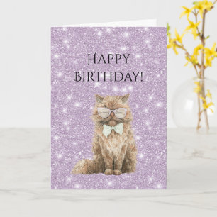 Paarse Glitter Bruine Coole Kat Bril Verjaardag Kaart