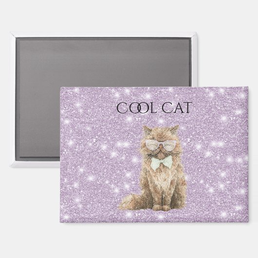Paarse Glitter Bruine Koele Kat Bril Magneet (Voorkant / Achterkant)