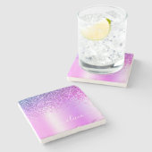 Paarse Glitter Brushed Girly Monogram Naam Stenen Onderzetter (Zijkant)