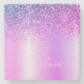 Paarse Glitter Brushed Girly Monogram Naam Stenen Onderzetter (Voorkant)