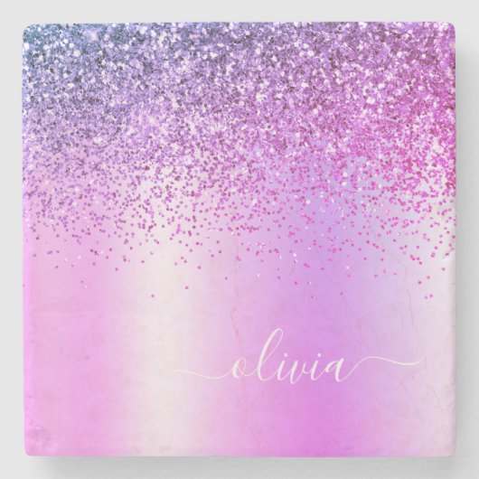 Paarse Glitter Brushed Girly Monogram Naam Stenen Onderzetter (Voorkant)