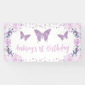 Paarse glitter Butterfly Birthday Backdrop Banner (Horizontaal)