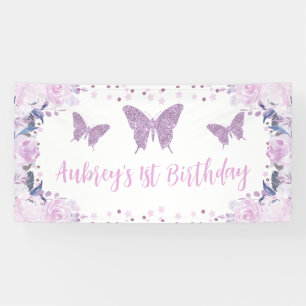 Paarse glitter Butterfly Birthday Backdrop Banner