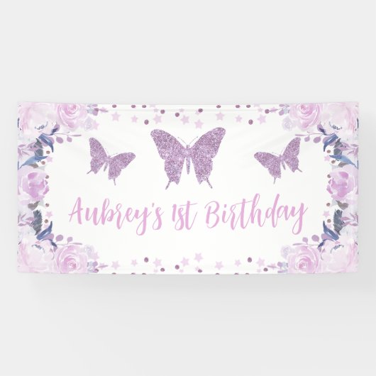 Paarse glitter Butterfly Birthday Backdrop Banner (Horizontaal)