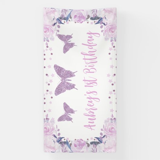 Paarse glitter Butterfly Birthday Backdrop Banner (Verticaal)
