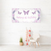 Paarse glitter Butterfly Birthday Backdrop Banner (Insitu)