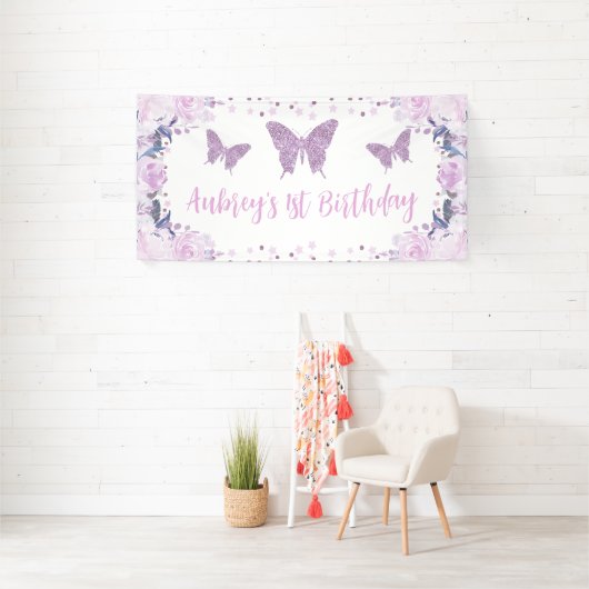 Paarse glitter Butterfly Birthday Backdrop Banner (Insitu)