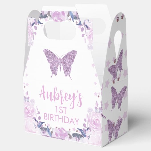 Paarse Glitter Butterfly Birthday Gable Favor Box Bedankdoosjes (Geopend)
