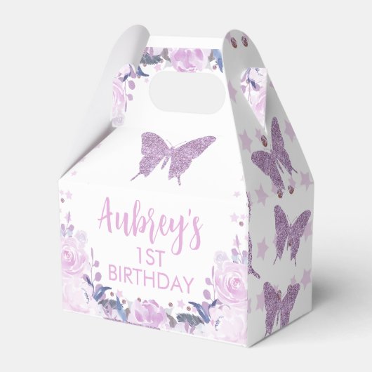 Paarse Glitter Butterfly Birthday Gable Favor Box Bedankdoosjes (Voorkant Zijde)