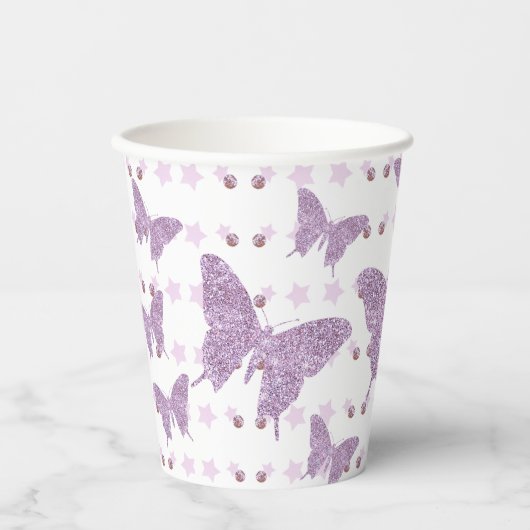 Paarse glitter Butterfly Birthday Paper Cup Papieren Bekers (Voorkant)