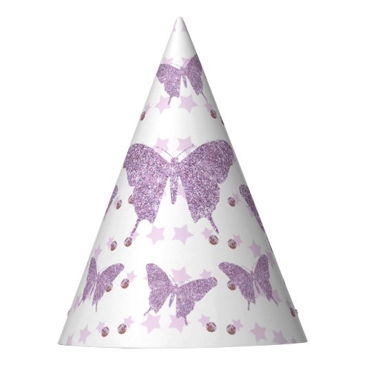 Paarse Glitter Butterfly Birthday Party Pet Feesthoedjes (Voorkant)