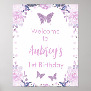 Paarse Glitter Butterfly Birthday WelkomstPoster Poster