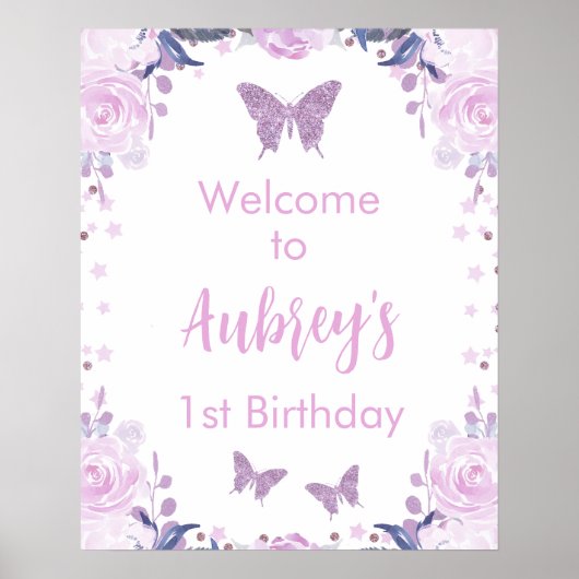 Paarse Glitter Butterfly Birthday WelkomstPoster Poster (Voorkant)