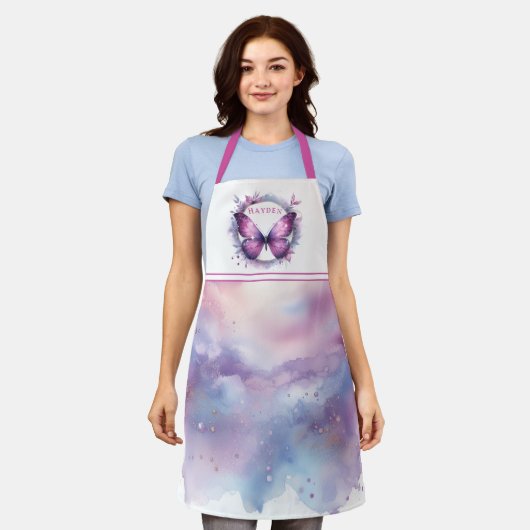 Paarse Glitter Butterfly - Gepersonaliseerd Initia Schort (Gedragen)