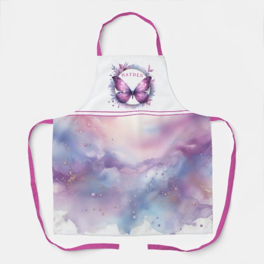 Paarse Glitter Butterfly - Gepersonaliseerd Initia Schort (Voorkant)