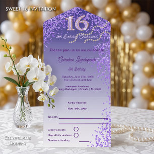 Paarse Glitter Calligrafie Nummer Sweet 16 All In One Uitnodiging