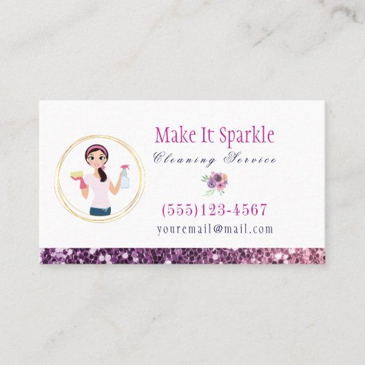 Paarse Glitter Cartoon Maid Cleaning Services Visitekaartje (Voorkant)