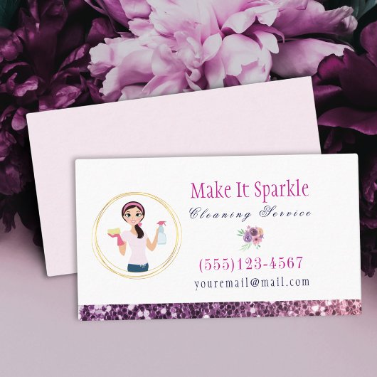 Paarse Glitter Cartoon Maid Cleaning Services Visitekaartje