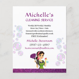 Paarse Glitter Cartoon Maid House Cleaning Service Flyer