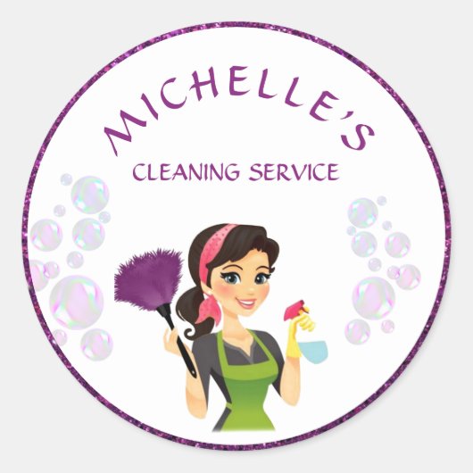 Paarse Glitter Cartoon Maid House Cleaning Service Ronde Sticker (Voorkant)