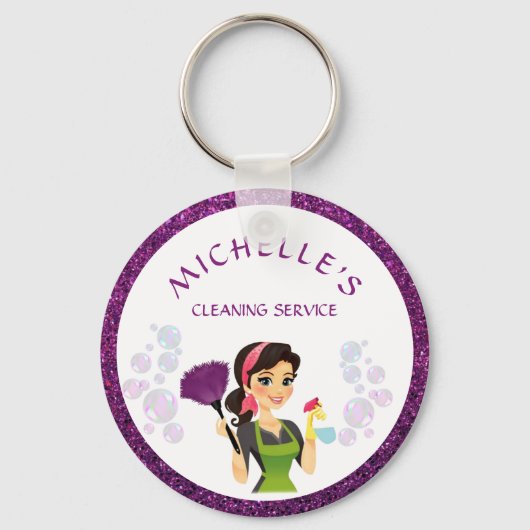 Paarse Glitter Cartoon Maid House Cleaning Service Sleutelhanger (Voorkant)