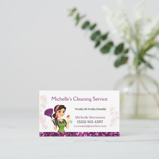 Paarse Glitter Cartoon Maid House Cleaning Service Visitekaartje (Staand voorkant)