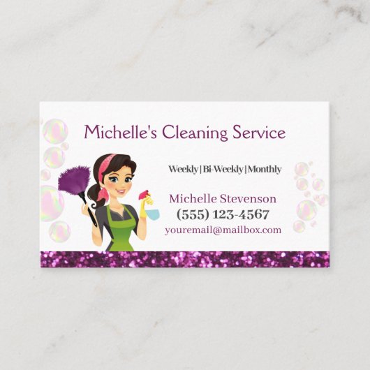 Paarse Glitter Cartoon Maid House Cleaning Service Visitekaartje (Voorkant)