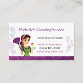 Paarse Glitter Cartoon Maid House Cleaning Service Visitekaartje (Voorkant)