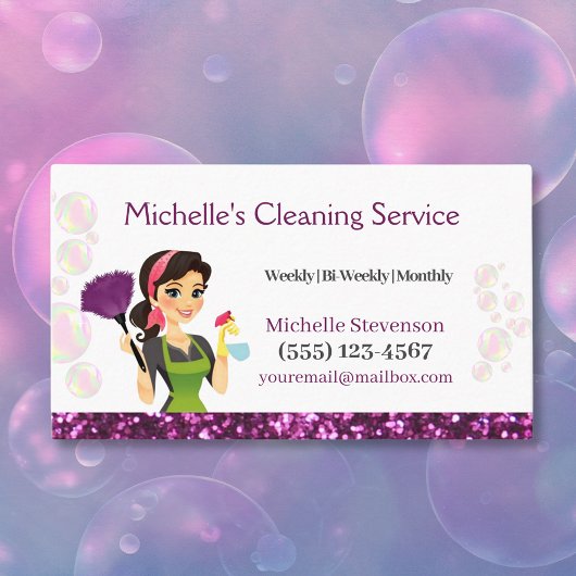 Paarse Glitter Cartoon Maid House Cleaning Service Visitekaartje