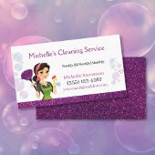 Paarse Glitter Cartoon Maid House Cleaning Service Visitekaartje