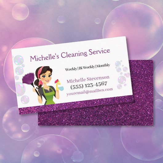 Paarse Glitter Cartoon Maid House Cleaning Service Visitekaartje