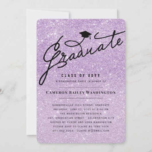 Paarse Glitter Chic Afstuderen Graduation Cap Part Kaart (Voorkant)